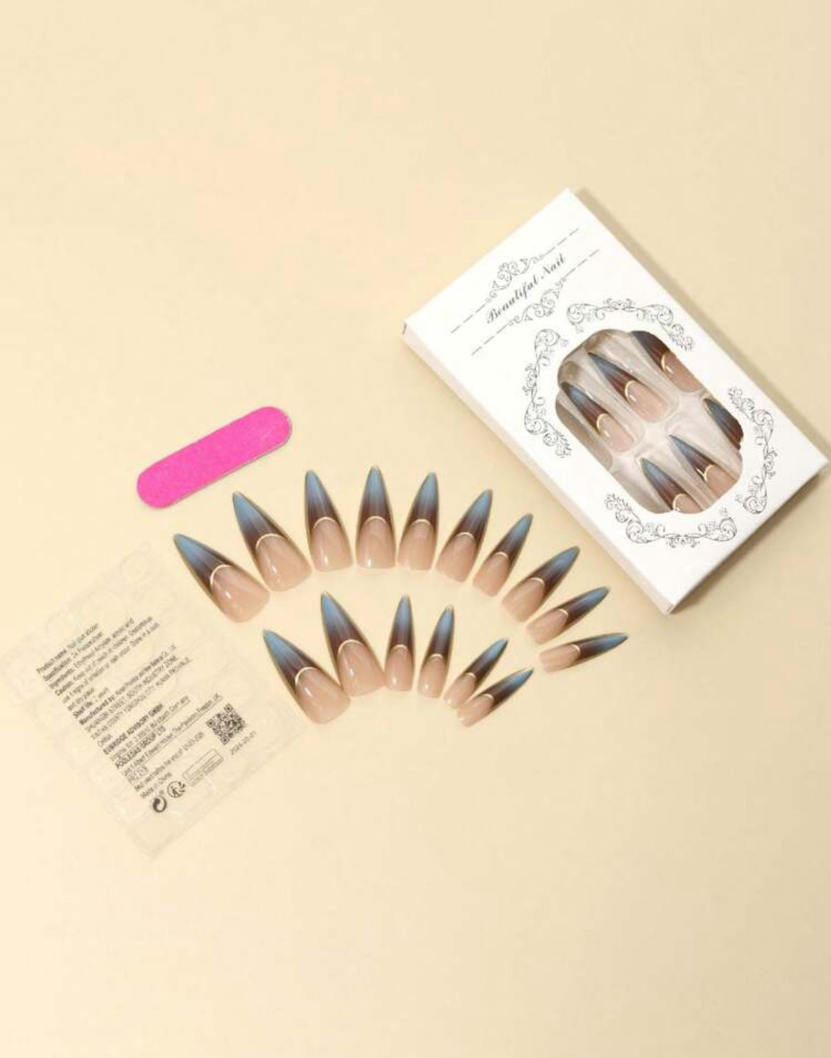 After Midnight â Long Ocean Blue & Gold Trim Reusable PressâOn Nails, 24âPiece Set