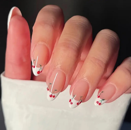 Cherry Dip – Red & White French Tip Reusable Press‑On Nails, 24‑Piece Set
