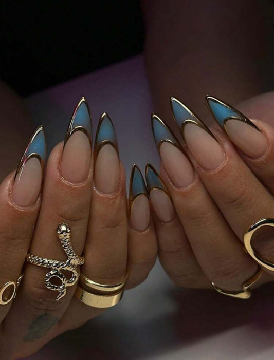 After Midnight – Long Ocean Blue & Gold Trim Reusable Press‑On Nails, 24‑Piece Set