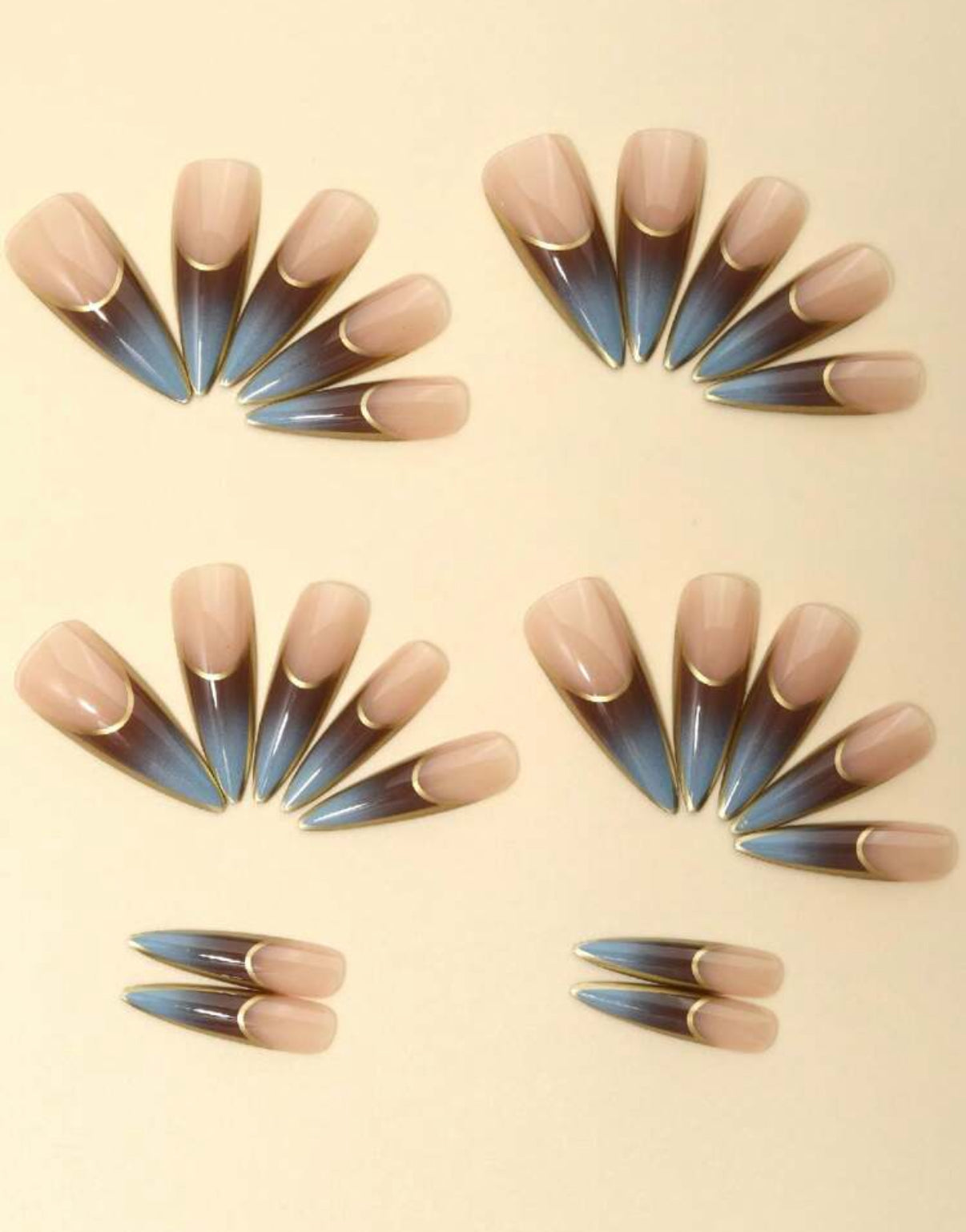 After Midnight – Long Ocean Blue & Gold Trim Reusable Press‑On Nails, 24‑Piece Set